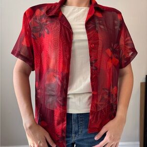 Vintage Cottagecore Mesh HawaiianButton Down Red Floral Sheer Vacation Top Large